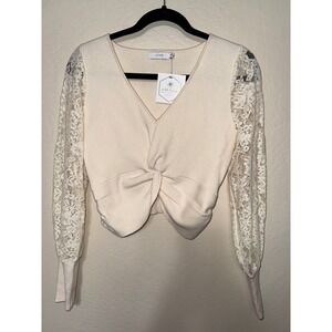 Lush Cream Lace Sleeve Twisted Front Crop Sweater Top Size S